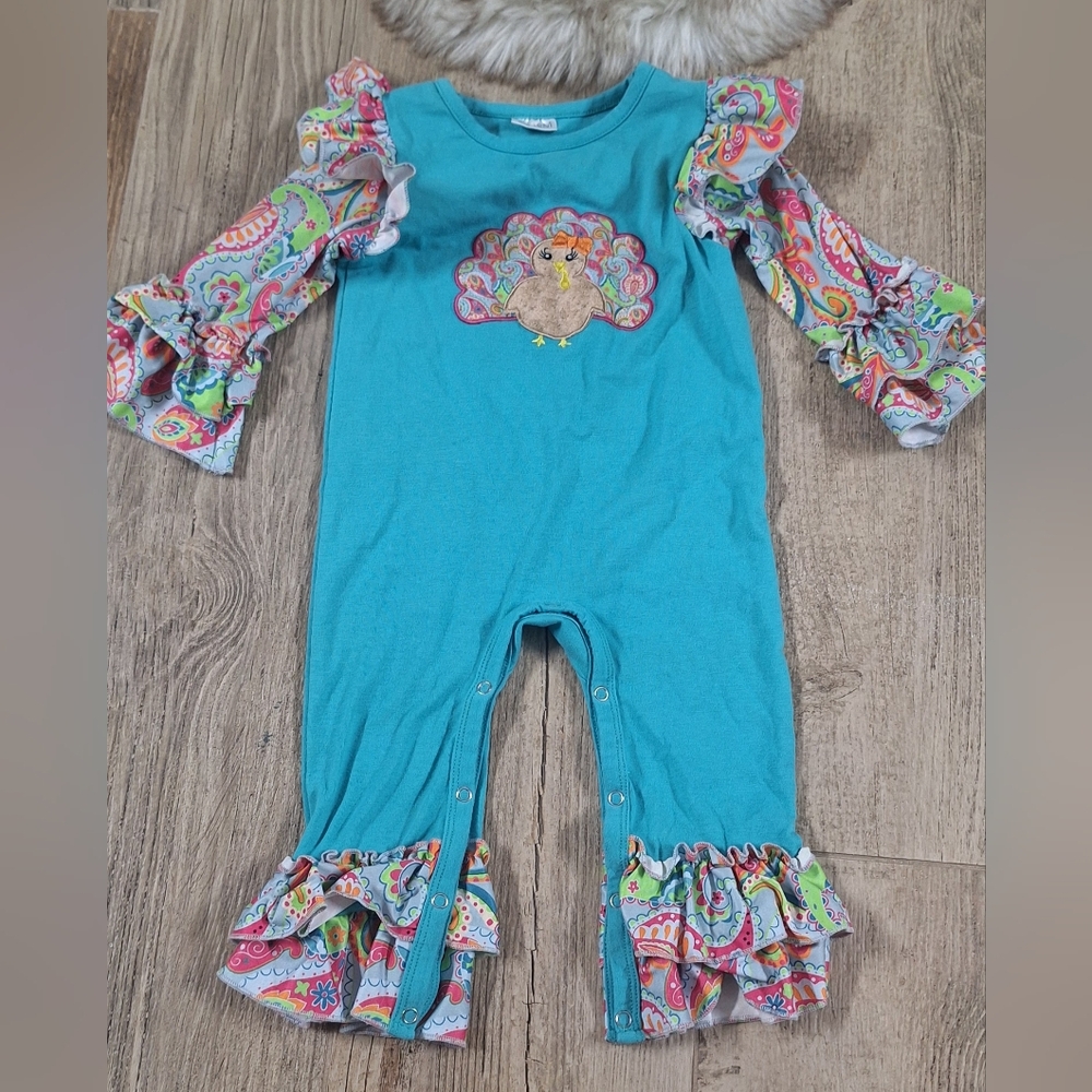 #1868 Teal Thanksgiving Baby Romper with Paisley Ruffle Sleeves Sz. 12m - Picture 3 of 5